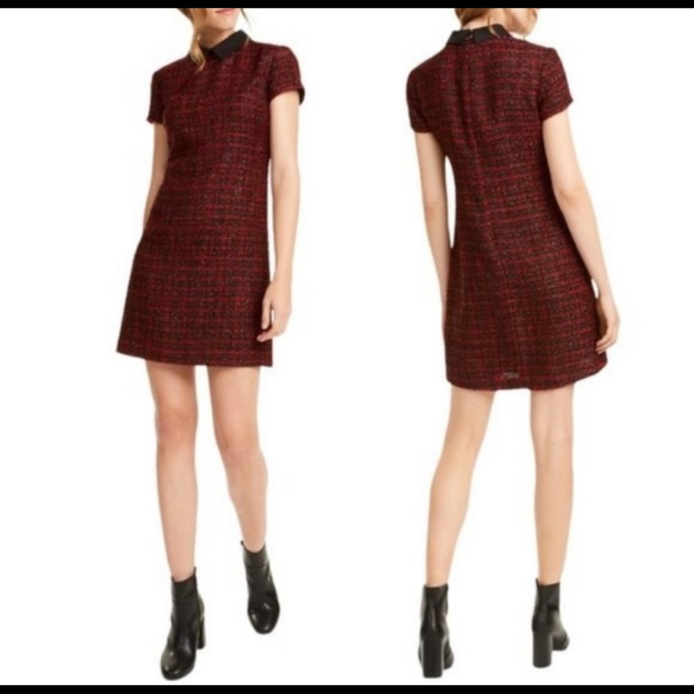 Maison Jules Red Collared Tweed Shift Dress Medium
